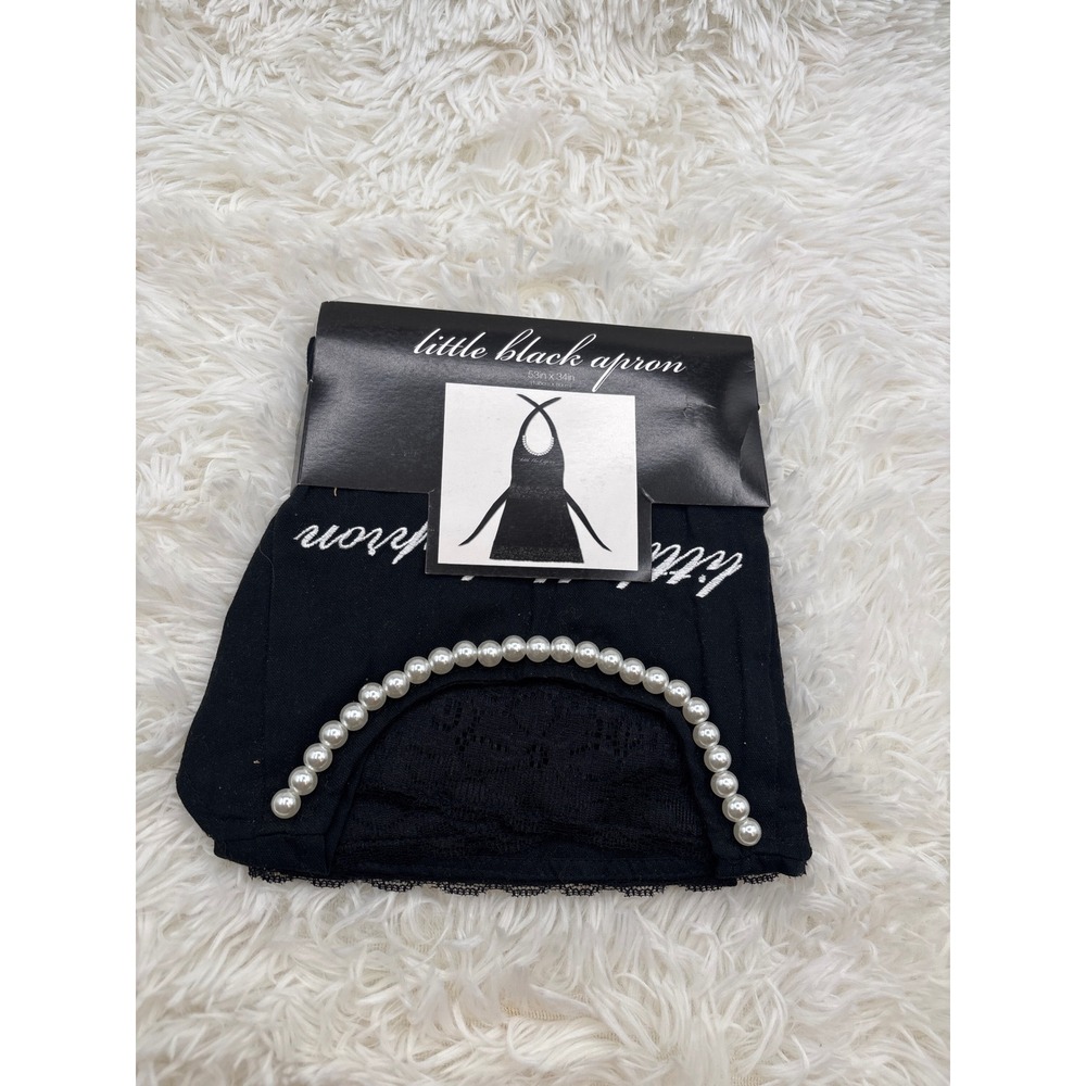 Home Fashions Little Black Apron Pearl Neck Lace Trim Black Cotton NWT
